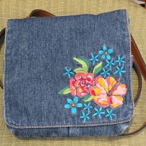 Floral Embroidered Denim Crossbody Bag